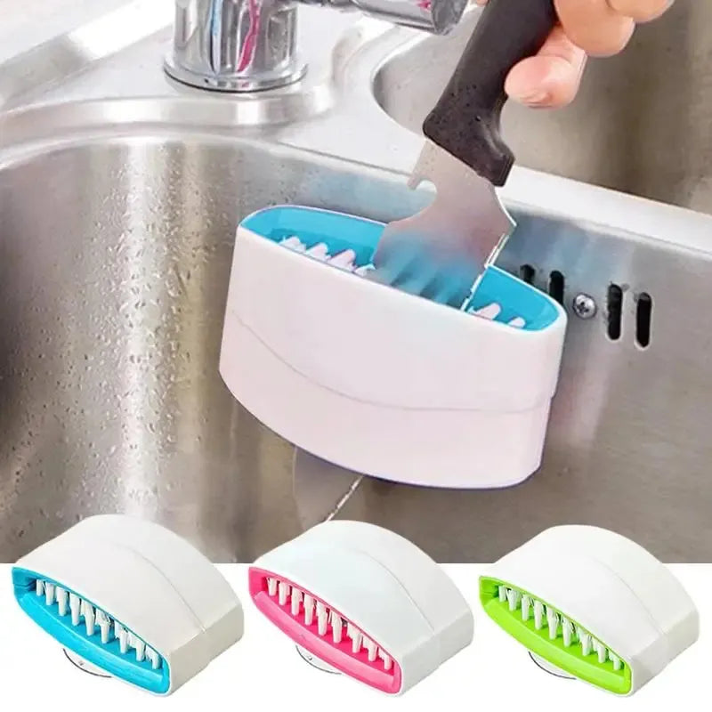Cutlery brush cleaner cleaning a knife in the sink